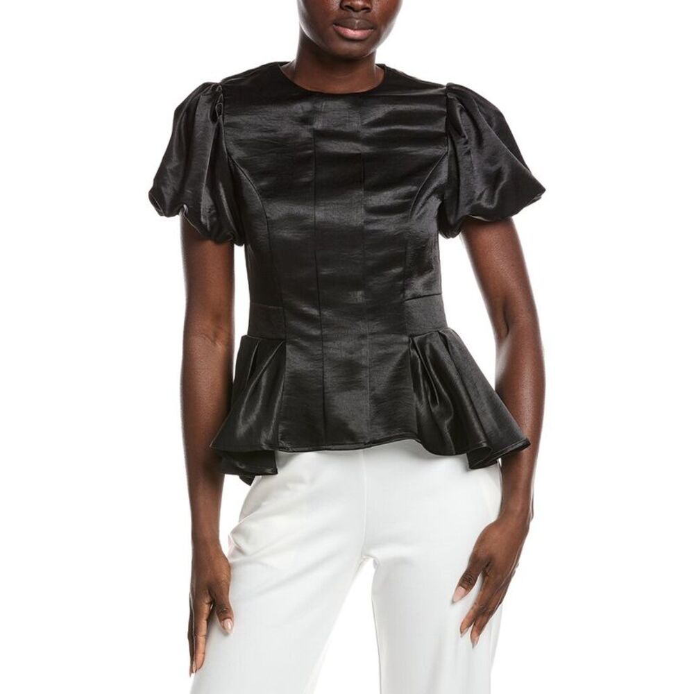 Gracia Womens  Puffed Sleeve Ruffle Bottom Top, Black